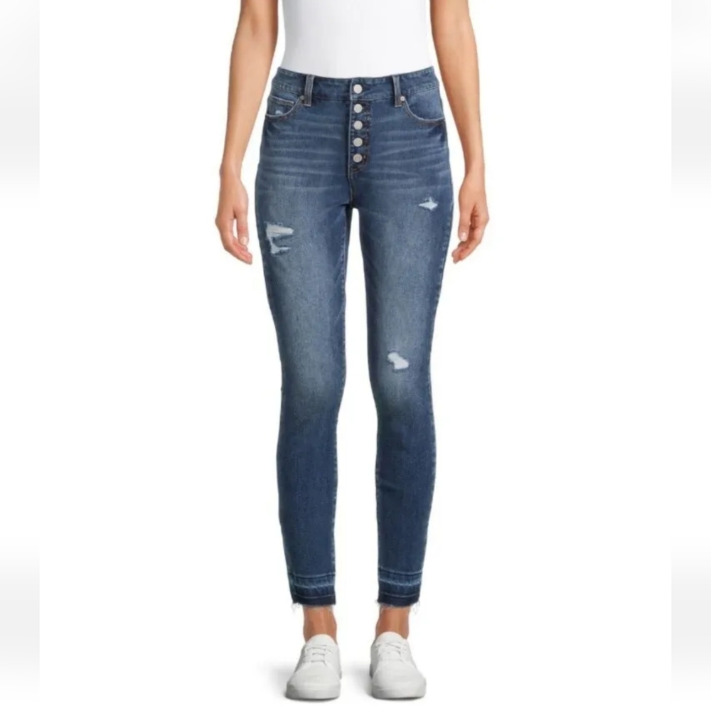 Time And Tru Women's Hi-Rise Raw Hem Button Fly Skinny Denim Jeans